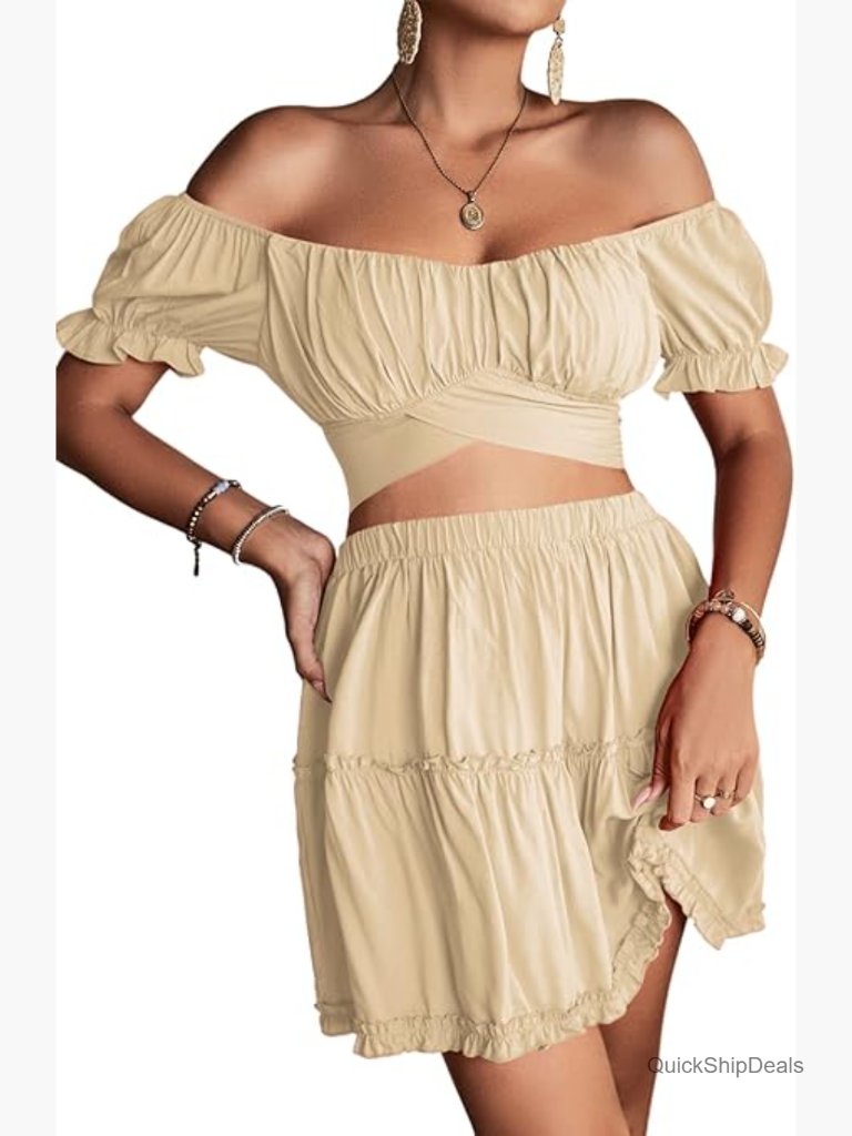 Off Shoulder Crop Top And Mini Skirt Set Ruffle Trim Two Piece Outfit